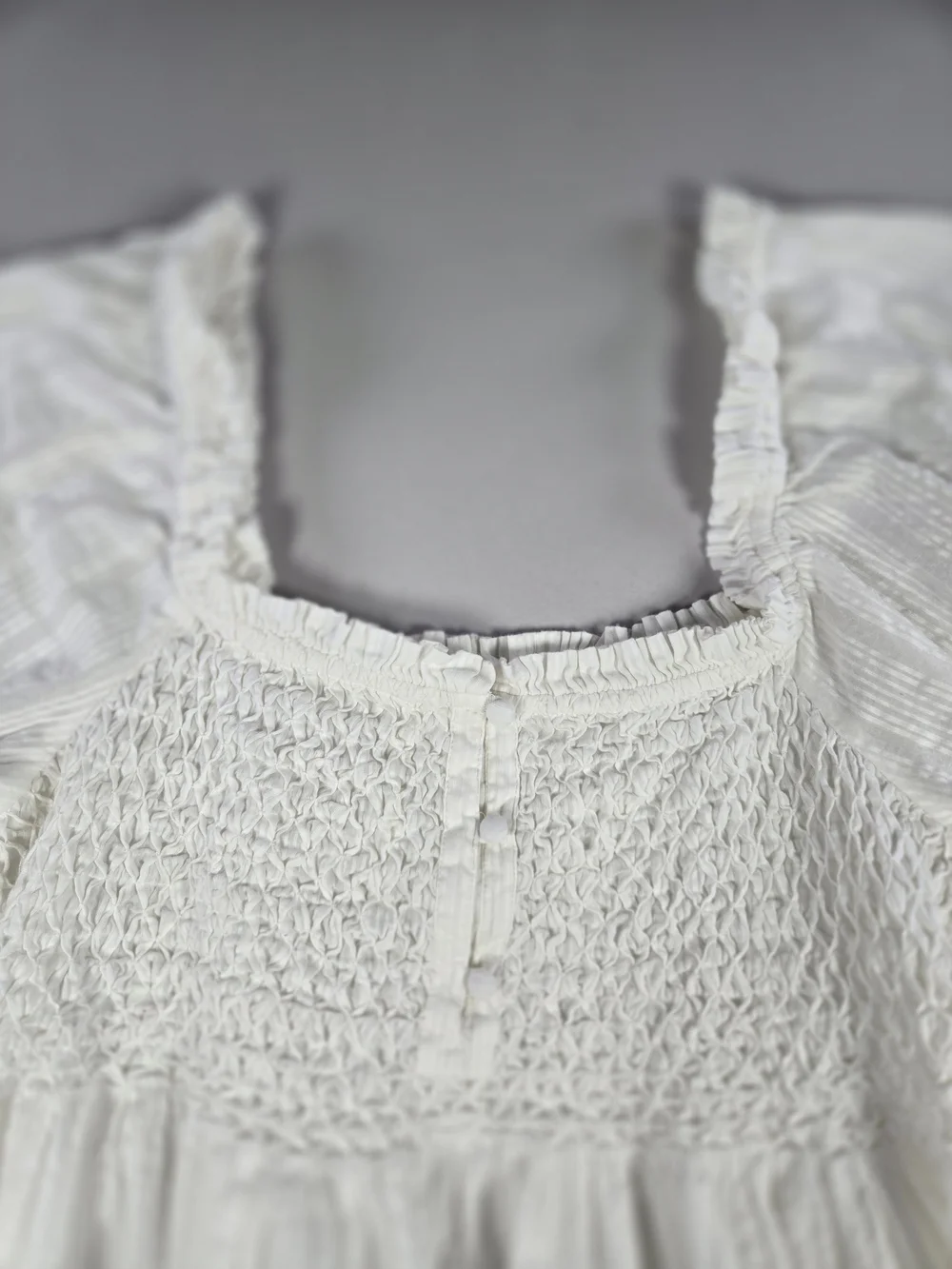 Anthropologie White Smocked Puff Sleeve Babydoll Blouse Peplum Top Gauze XL